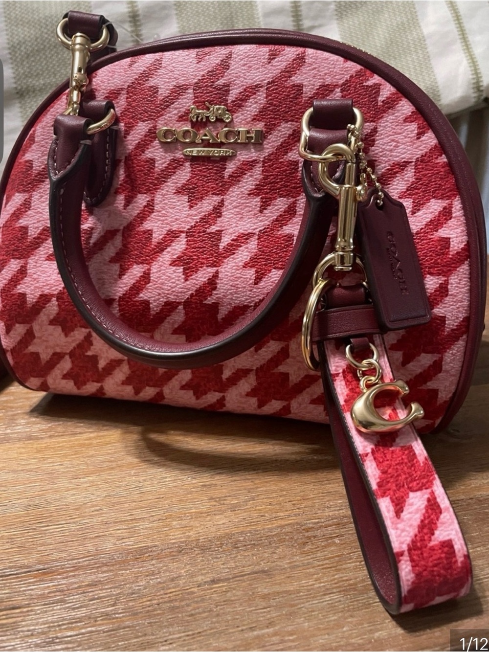 NWOT COACH Pink & Red Houndstooth RARE Satchel with Matching Coach Bag Charm
